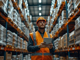 A worker in a high visibility vest and hard hat using a tablet PC in a warehouse.