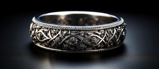 Golden signet ring with a blank face, alongside professional jeweler tools, serving as a concept template for designers, jewelers, or engravers, with copy space image.