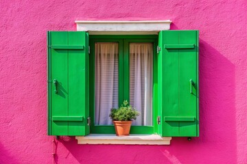 Obraz premium Green window on a pink house in Burano, Italy