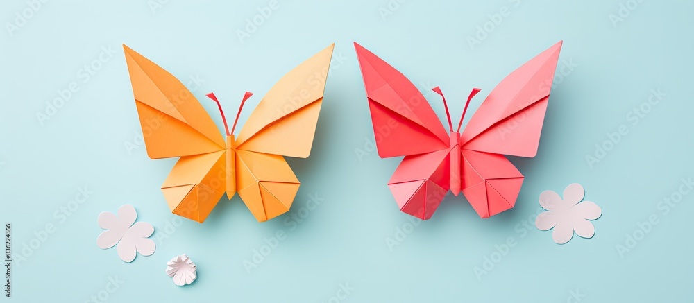 Wall mural origami paper butterfly displayed on a plain white backdrop with copy space image available.