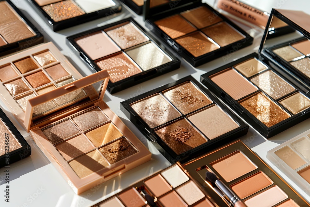 Aufkleber various contouring palettes and highlighters displayed neatly on a white surface, showcasing a range