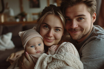 A happy mother and father holding their newborn baby, parenthood concept