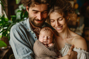 Fototapeta premium A happy mother and father holding their newborn baby, parenthood concept
