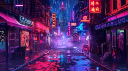 Night neon street at city downtown. Cityscape on dark background with bright and glowing neon lights