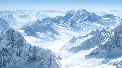 Fototapeta premium Aerial view of a glacial landscape showing the intricate patterns of frozen terrain and snow-capped peaks under a clear blue sky.
