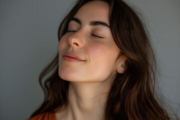 Obraz premium A close up of a woman's face with her eyes closed looking to a side