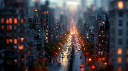 Fototapeta premium Twilight view of a bustling city street flanked by modern skyscrapers, with focus on city lights and evening traffic.