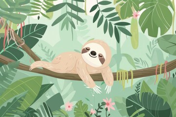 Obraz premium Cute sloth relaxing on a tree branch in the jungle wildlife illustration nature, travel, tropical, adventure, island, rainforest, animal, relaxation