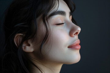 Fototapeta premium A close up of a woman's face with her eyes closed looking to a side