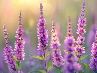 Fototapeta premium Close-up of vibrant purple flowers in a sunlit meadow, with a bokeh background.