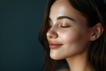 Fototapeta premium A close up of a woman's face with her eyes closed looking to a side