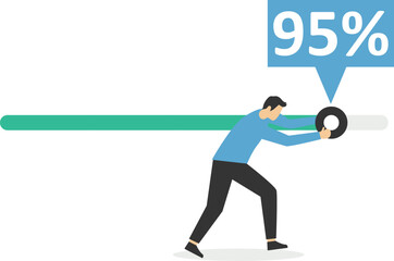 Working project progress, effort to finish work or achieve business success, accomplishment, ambition or career challenge, businessman try hard to push working progress bar to finish in deadline.

