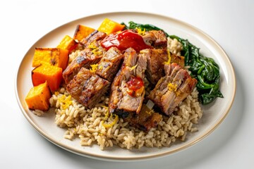 Fototapeta premium Tender Calafia Citrus Carnitas with Roasted Yams and Spinach