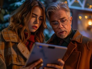 Fototapeta premium A businesswoman and businessman intently discuss something on a tablet at dusk, with warm lighting surrounding them.