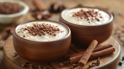 Traditional Portuguese rice pudding, arroz doce, garnished with cinnamon, served in wooden bowls.