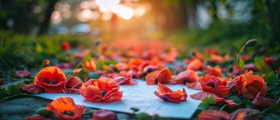 Red poppy petals scattered on a blank page, inviting reflection and personal messages
