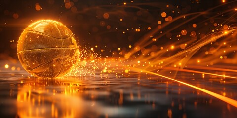 Abstract digital art of a glowing amber-colored basketball on a dynamic background perfect for sports and futuristic themes
