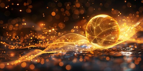Abstract digital art of a glowing amber-colored basketball on a dynamic background perfect for sports and futuristic themes