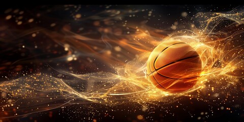 Abstract digital art of a glowing amber-colored basketball on a dynamic background perfect for sports and futuristic themes