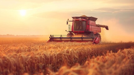 Fototapeta premium A combine harvester working in a golden soybean field at sunset with dust in the air.