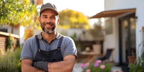 Portrait of a male cleaner with a house or hotel background. Concept Portrait Photography, Male Cleaner, House Background, Hotel Interior, Professional Headshot