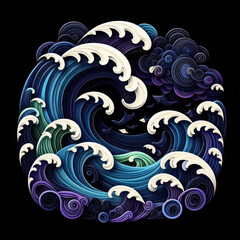 Generative AI A unique and artistic paper wave art piece featuring dark purple, white, and hints of emerald, A distinctive paper wave artwork with deep purple, white, and subtle emerald hues paper art