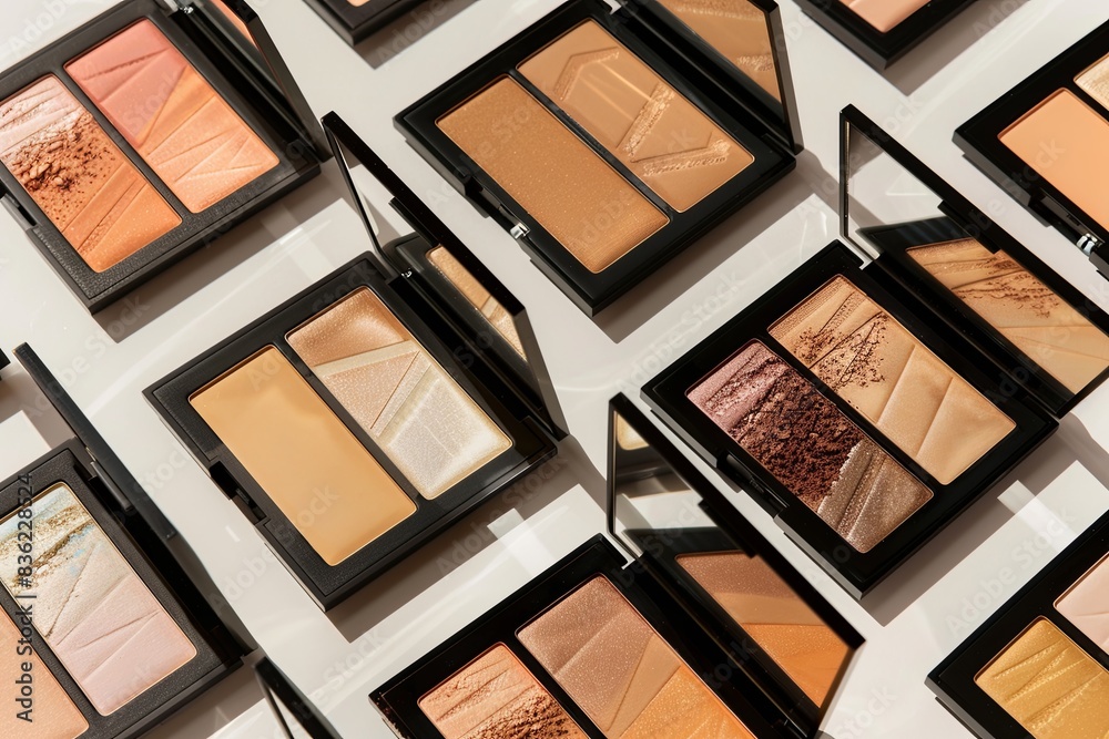 Poster multiple palettes of various shades for contouring and highlighting makeup arranged on a white backg