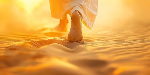 Closeup of Jesus feet walking on sand towards the rising sun. Concept Religious Art, Spiritual Photography, Inspirational Images