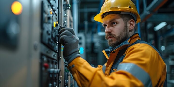 Male electrical engineer fixing high voltage cabinet to resolve electric surge issue. Concept Electrical Engineering, High Voltage Cabinets, Electric Surge Issues, Male Engineer Repairing