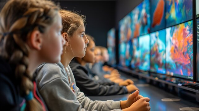 Enthusiastic children in a gaming competition. A dynamic image showcasing focused concentration and engagement in a digital environment. Ideal for technology, education, or recreation-related content.