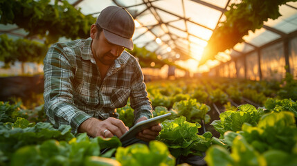 Farmer using tablet in greenhouse. Middle-aged man in casual attire checking crop status on a digital device. Concept of modern agriculture, technology, and sustainable farming methods.