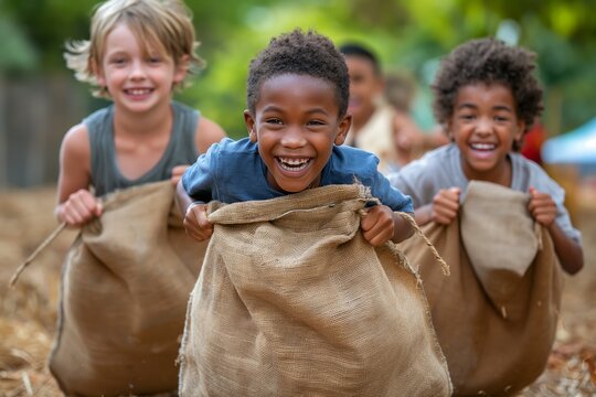 Happy children in a sack race. A vibrant depiction of joyful kids participating in a fun outdoor activity. Ideal for advertising, education, lifestyle blogs, and youth programs.
