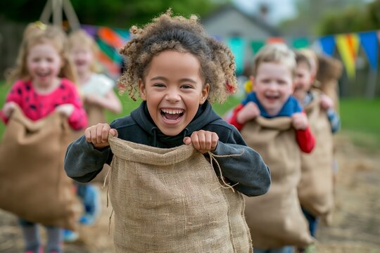 Sack race fun at children's outdoor event. A joyful depiction of kids engaged in a sack race, highlighting joy, competition, and community spirit. Ideal for marketing and educational content