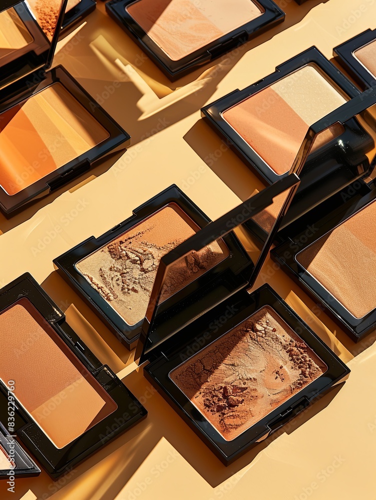 Aufkleber Multiple palettes of contouring and highlighting makeup arranged in a visually appealing way on a light background. Generative AI