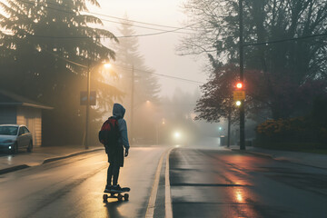 Early morning skateboarder on misty street. A young person riding a skateboard down a foggy road at dawn. Ideal for themes of solitude, adventure, and urban lifestyle.