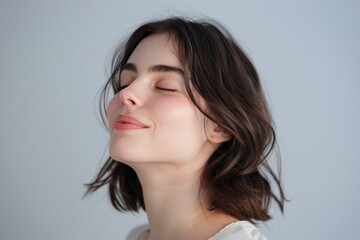 A close up of a woman's face with her eyes closed looking to a side