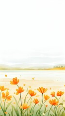 A watercolor illustration of orange flowers blooming in a field near a lake. , paint style