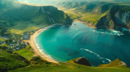 Aerial view of a picturesque coastline with emerald sea at Malin Beg.