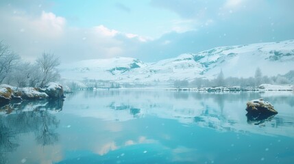 A tranquil scene of the partially frozen Myvatn Lake with snow-covered pseudo-craters under a serene sky.
