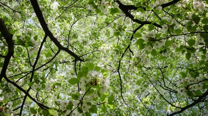 Fototapeta premium Cherry blossoms blooming, panoramic view, looking up, pure green background 