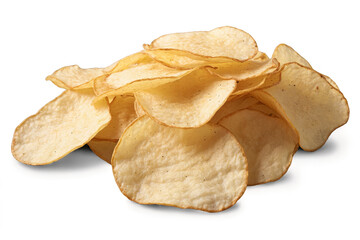 A crispy pile of potato chips on a transparent png background with a white backdrop