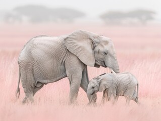 Fototapeta premium An African elephant with its calf in a grassy field, likely within Tsavo East National Park.