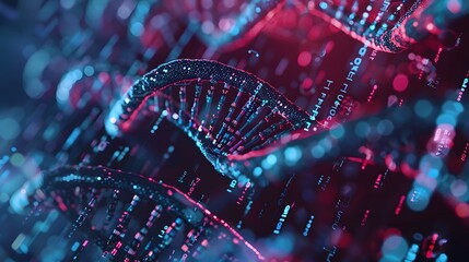 Imaginative science featuring surreal DNA helixes intertwining with digital code, selective focus, bioinformatics fantasy, surreal, manipulation, cyber lab backdrop