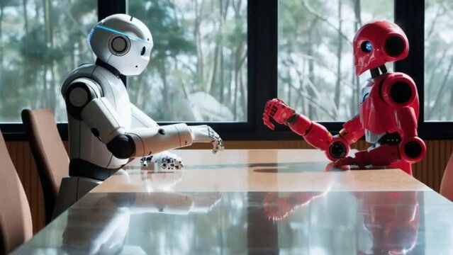 Humanoid robot competes with humans in a job interview setting. Concept Artificial Intelligence, Human vs Machine, Job Interview, Robotics, Future of Work