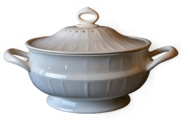 Elegant classic ceramic soup tureen with a stylish design on a transparent white background, ideal for a png image