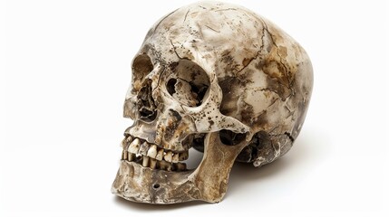 Human skull on white background. Side view of a human skull isolated on a white background, perfect for medical, historical, or Halloween projects.