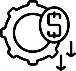 Vector icon depicting cost reduction in black and white. Simple graphic design with gear and dollar sign