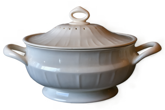 Elegant classic ceramic soup tureen with a stylish design on a transparent white background, ideal for a png image