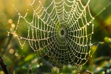 Naklejka premium A Dew-Kissed Spiderweb Glistens in the Morning Sun
