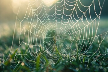 A Dew-Kissed Spiderweb Glistens in the Morning Sun